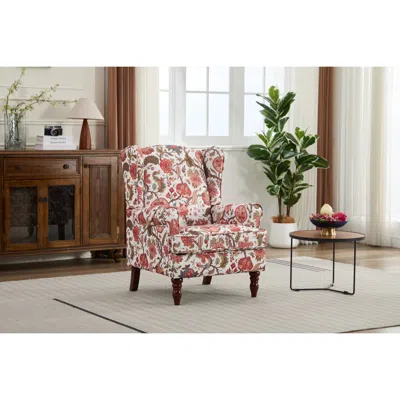 Streamdale Furniture Streamdale Floral Red Accent Chair With Wood Legs In Pink