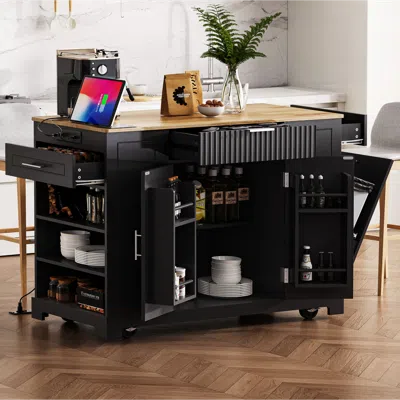 Streamdale Furniture Streamdale Fluted Kitchen Island Cart: Trash Storage, Power, Drawers