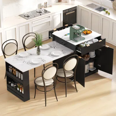 Streamdale Furniture Streamdale Fluted Kitchen Island With Extendable Dining Table, Power Outlet & Storage, Black
