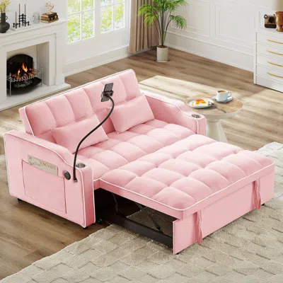 Streamdale Furniture Streamdale Foldable Velvet Sleeper Sofa Bed With Usb, Phone Stand & Adjustable Back In Pink