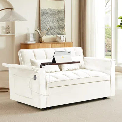 Streamdale Furniture Streamdale Foldable Velvet Sofa Bed With Usb Desk (beige)