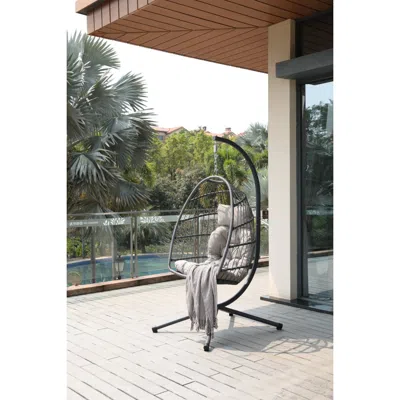 Streamdale Furniture Streamdale Foldable Wicker Hanging Egg Chair With Stand And Cushions Ivory