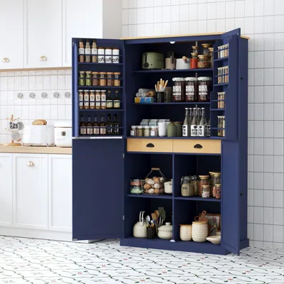 Streamdale Furniture Streamdale Freestanding Kitchen Pantry With 2 Drawers And Adjustable Shelves Blue