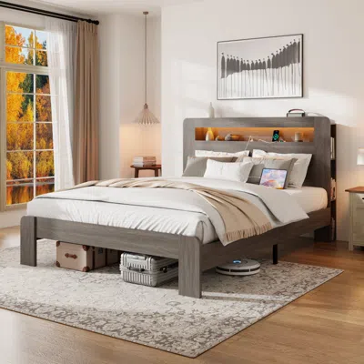 Streamdale Furniture Streamdale King Wood Bed Frame Led Headboard Usb Storage In Brown