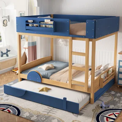 Streamdale Furniture Streamdale Full Bunk Bed With Trundle, Wood Bunk Bed Frame With Bookshelf, Blue In Multi