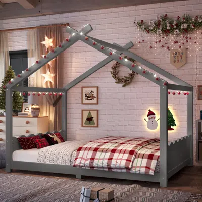 Streamdale Furniture Streamdale Full House Floor Bed With Support Slats, Solid Wood House Bed Frame For Kids, Gray