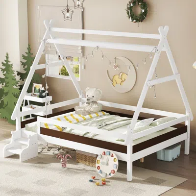 Streamdale Furniture Streamdale Full House Platform Bed With Stairs, Solid Wood Twin Bed Frame, White