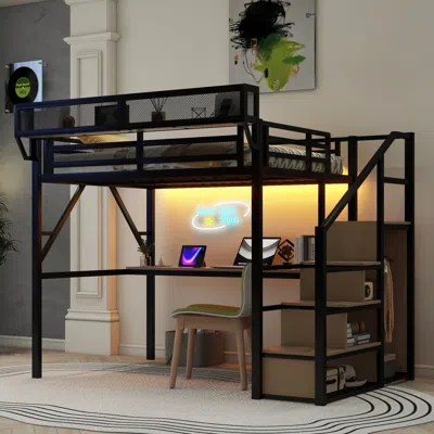 Streamdale Furniture Streamdale Full Loft Bed With Desk, Stairs, Light & Charging - Black