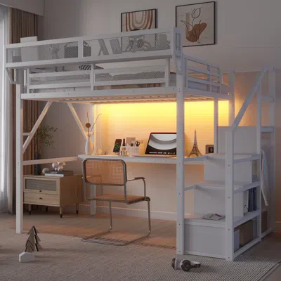 Streamdale Furniture Streamdale Full Loft Bed With Desk, Stairs, Light & Charging Station - White