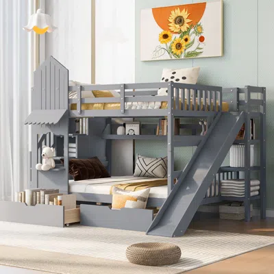 Streamdale Furniture Streamdale Full-over-full Castle Style Bunk Bed With 2 Drawers 3 Shelves And Slide - Gray