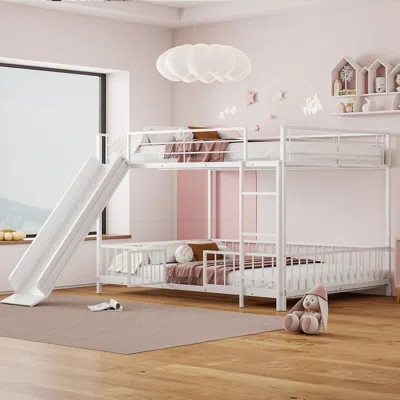 Streamdale Furniture Streamdale Full Over Full Size Metal Bunk Bed With Slide And Guardrails, White