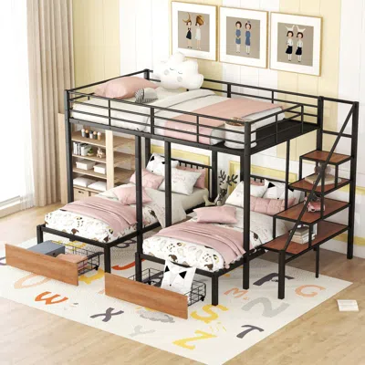 Streamdale Furniture Streamdale Full Over Twin-twin Triple Bunk Bed With Drawers And Staircase