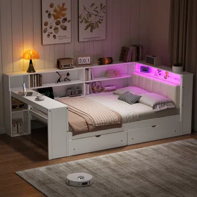 Streamdale Furniture Streamdale Full Platform Bed: Storage, Charging, Led, Desk, Upholstered Headboard In White