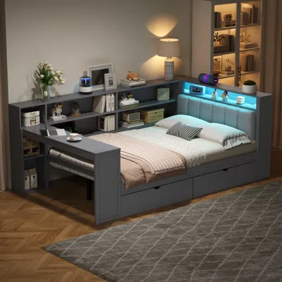 Streamdale Furniture Streamdale Full Platform Bed With Storage, Led, Desk & Upholstered Headboard - Grey In Gray