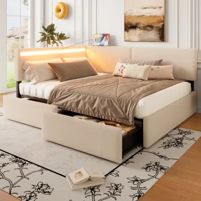 Streamdale Furniture Streamdale Full Size Boucle Cloud Bed Frame With Storage, Led Lights & Usb, Beige