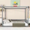 Streamdale Furniture Streamdale Full Size Canopy Frame Rubber Wood Floor Bed With Fence,guardrails,grey In Gray