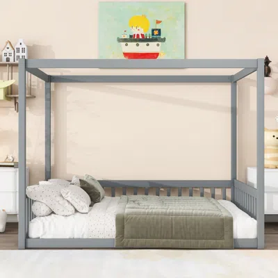 Streamdale Furniture Streamdale Full Size Canopy Frame Rubber Wood Floor Bed With Fence,guardrails,grey In Gray