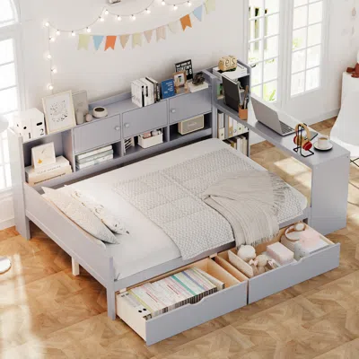 Streamdale Furniture Streamdale Full Size Daybed With Storage, Wooden L-shape Bed Frame W/ Desk & Bookshelf, Gray