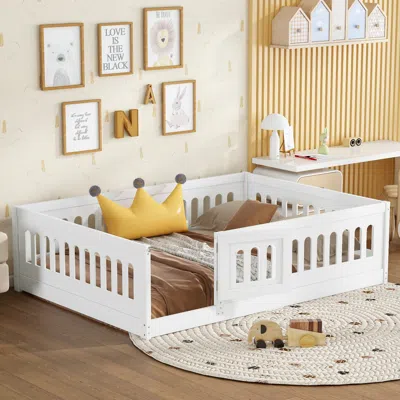 Streamdale Furniture Streamdale Full Size Floor Bed With Safety Guardrails And Door, Solid Wood Frame