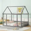 Streamdale Furniture Streamdale Full Size Floor Wooden Bed With House Roof Frame And Safety Guardrails