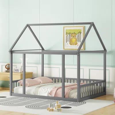 Streamdale Furniture Streamdale Full Size Floor Wooden Bed With House Roof Frame And Safety Guardrails