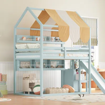 Streamdale Furniture Streamdale Full Size House Bed With Canopy, Slide & Built-in Bookshelves, Light Green