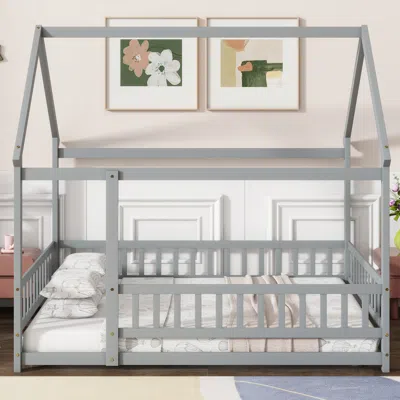 Streamdale Furniture Streamdale Full Size House Floor Wooden Bed With Roof Frame, Safety Guardrails, Gray