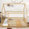 Streamdale Furniture Streamdale Full Size House Floor Wooden Bed With Roof Frame, Safety Guardrails, Natural