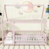 Streamdale Furniture Streamdale Full Size House Floor Wooden Bed With Roof Frame, Safety Guardrails, Pink