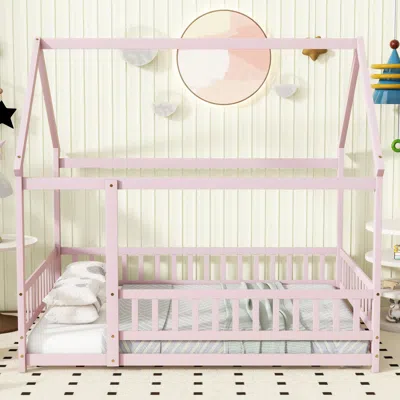 Streamdale Furniture Streamdale Full Size House Floor Wooden Bed With Roof Frame, Safety Guardrails, Pink