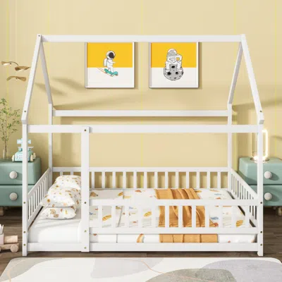 Streamdale Furniture Streamdale Full Size House Floor Wooden Bed With Roof Frame, Safety Guardrails,whtie In White