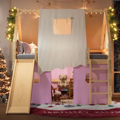 Streamdale Furniture Streamdale Full Size House Loft Bed With Sills, Tents, Lights, Slide, Natural+pink