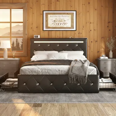 Streamdale Furniture Streamdale Full Size Led Bed Frame With 4 Storage Drawers And Charging Station