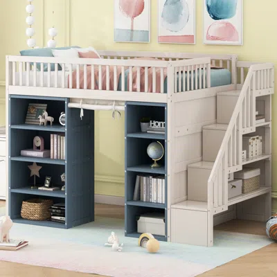Streamdale Furniture Streamdale Full Size Loft Bed With 2 Four-layer Storage Cabinets And Curtain