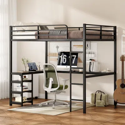 Streamdale Furniture Streamdale Full Size Loft Bed With Desk & Shelves, Heavy Duty Metal Frame, Black