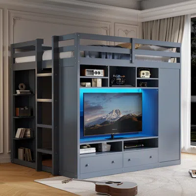 Streamdale Furniture Streamdale Full Size Loft Bed With Drawers, Shelves And Light - Gray