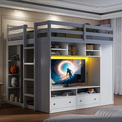 Streamdale Furniture Streamdale Full Size Loft Bed With Drawers, Shelves And Light - White