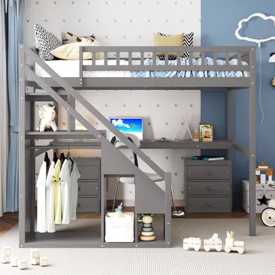 Streamdale Furniture Streamdale Full Size Loft Bed With Two Chest Of Drawers, Desk And Light Strip, Gray