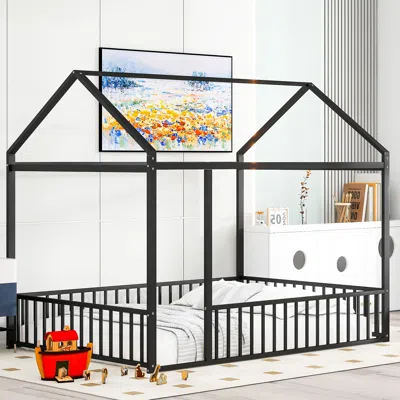 Streamdale Furniture Streamdale Full Size Metal Bed House Bed Frame With Fence