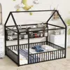Streamdale Furniture Streamdale Full Size Metal Bed House Bed Frame With Fence And Shelves