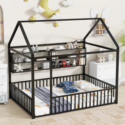 Streamdale Furniture Streamdale Full Size Metal Bed House Bed Frame With Fence And Shelves