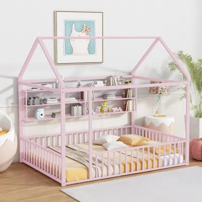 Streamdale Furniture Streamdale Full Size Metal Bed House Bed Frame With Fence And Shelves