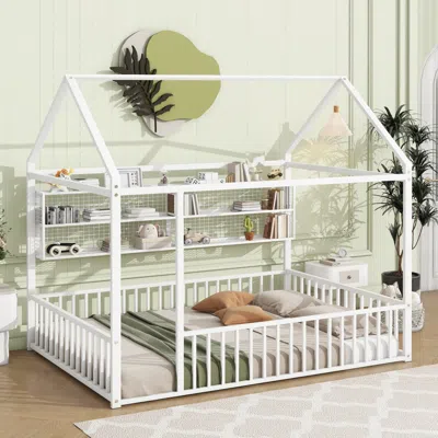 Streamdale Furniture Streamdale Full Size Metal Bed House Bed Frame With Fence And Shelves