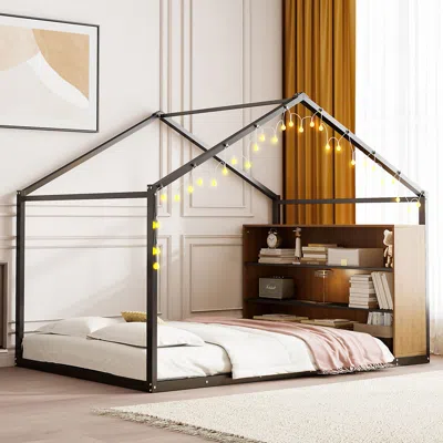 Streamdale Furniture Streamdale Full Size Metal Bed House Bed Frame With Shelves And Lights, Black