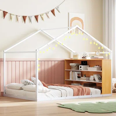 Streamdale Furniture Streamdale Full Size Metal Bed House Bed Frame With Shelves And Lights, White