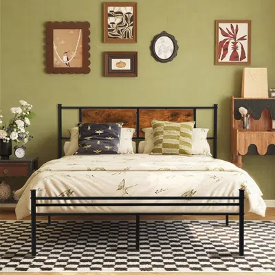 Streamdale Furniture Streamdale Full Size Metal Bedframe With Wood Panel Headboard - Black+brown