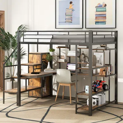 Streamdale Furniture Streamdale Full Size Metal Loft Bed With Storage Staircase And Small Wardrobe In Gray