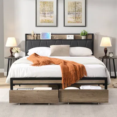 Streamdale Furniture Streamdale Full Size Metal Platform Bed Frame With Upholstery Storage Function Headboard And Usb Lin