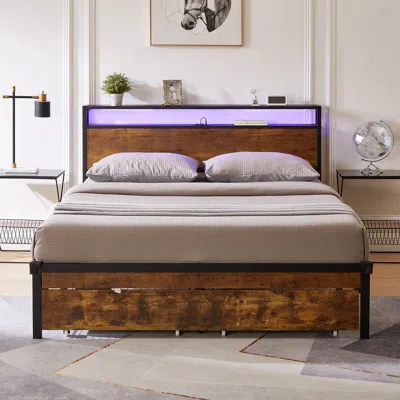 Streamdale Furniture Streamdale Full Size Metal Platform Bed Frame With Wooden Headboard And Footboard With Usb