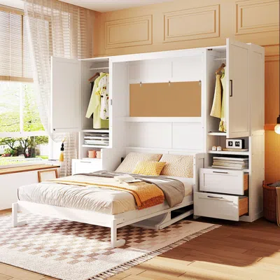 Streamdale Furniture Streamdale Full Size Murphy Bed Wall Bed With Closet,drawers And Shelves, White